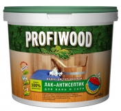 Лак-антисептик для бань и саун PROFIWOOD влагостойкий водно-дисперсионный 0,9кг/6 Лак-антисептик для бань и саун PROFIWOOD влагостойкий водно-дисперсионный 0,9кг/6